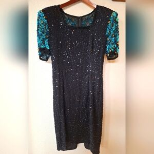 Vintage Stenay 100% Silk Sequin Beaded Knee-length Dress Womens Size 4